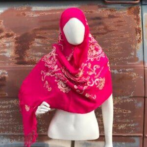 Hot Pink Embroidered Scarf Shoulder Wrap Muslim Hijab Paisley Print Shawl